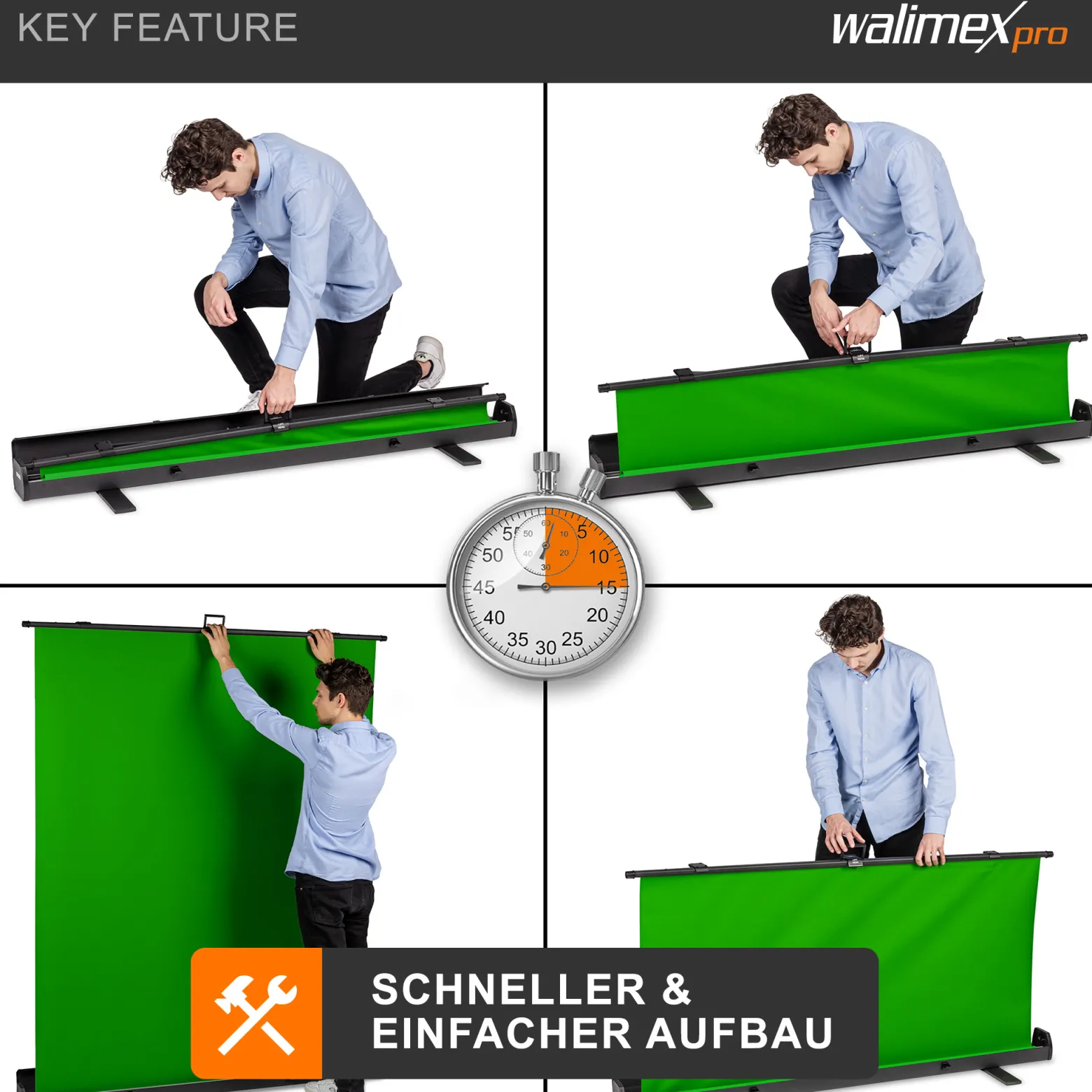 Walimex pro Roll-up Panel Hintergrund grün 165 x 220 cm, Greenscreen Fotohintergrund mit Transportbox, Hintergrundsystem für Fotostudio, knitterfreie Fotoleinwand ideal für Chromakeying