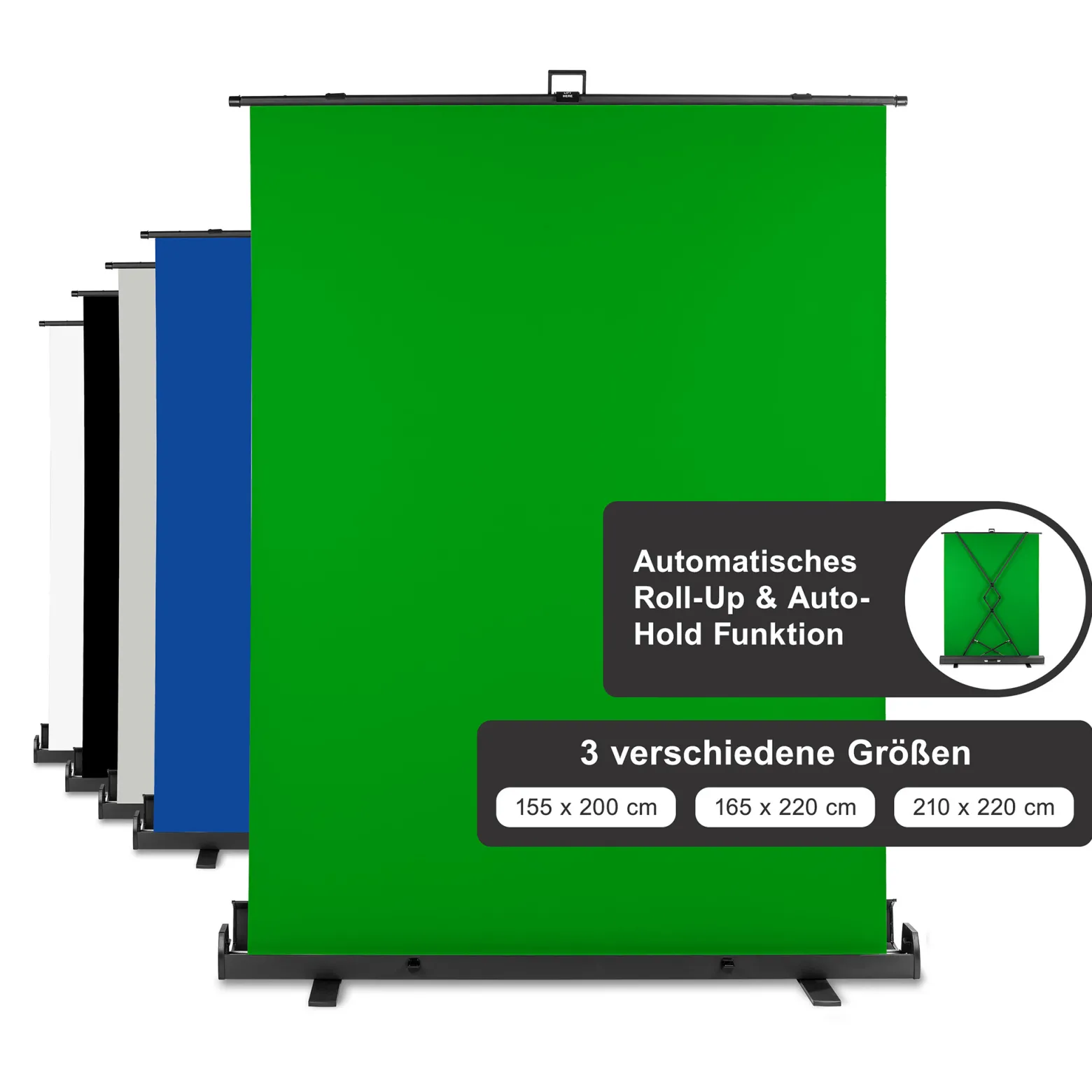 Walimex pro Roll-up Panel Hintergrund grün 165 x 220 cm, Greenscreen Fotohintergrund mit Transportbox, Hintergrundsystem für Fotostudio, knitterfreie Fotoleinwand ideal für Chromakeying