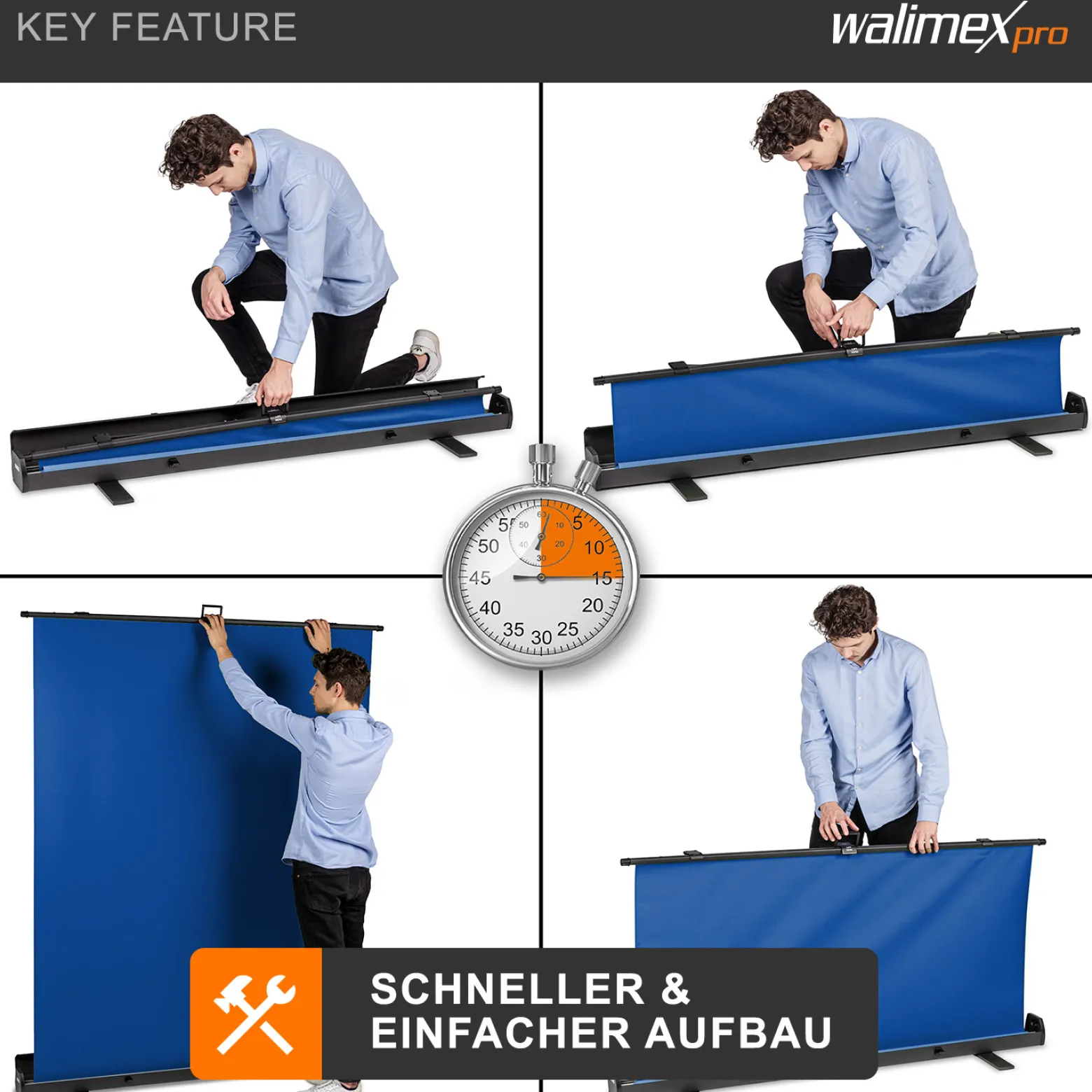 Walimex pro Roll-up Panel Hintergrund blau 165 x 220 cm, Fotohintergrund mit Transportbox, Hintergrundsystem für Fotostudio, knitterfreie Fotoleinwand ideal für Freistellen und Chromakeying