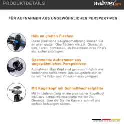 Walimex pro Saugnapf-Stativ inkl. Kugelkopf mit Schnellwechselplatte, Saugnapfhalterung für System- und DSLR Kameras, Action Cam, praktische Kamerahalterung für Auto