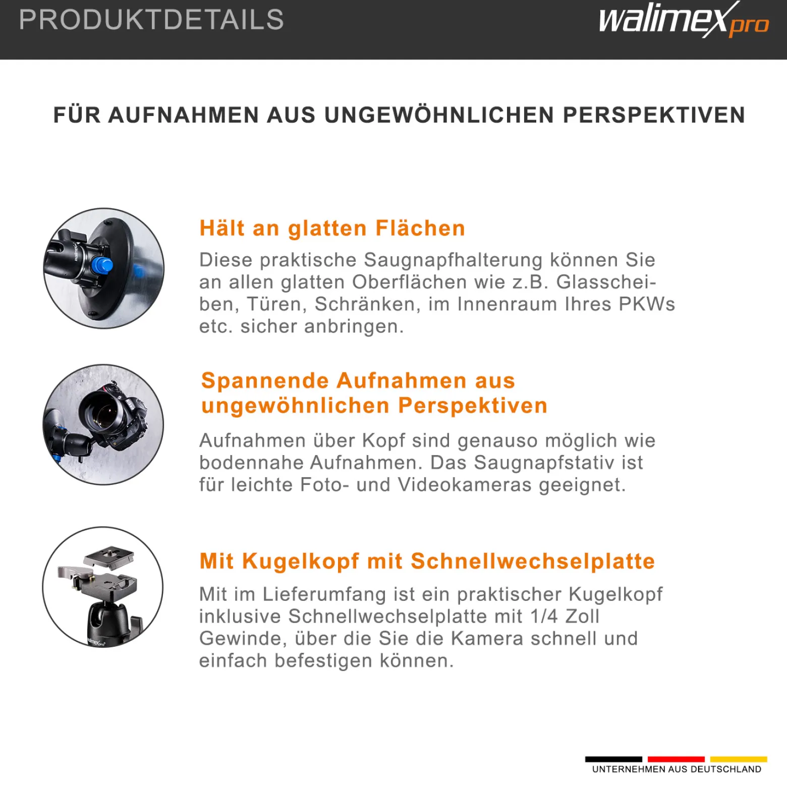 Walimex pro Saugnapf-Stativ inkl. Kugelkopf mit Schnellwechselplatte, Saugnapfhalterung für System- und DSLR Kameras, Action Cam, praktische Kamerahalterung für Auto