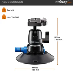 Walimex pro Saugnapf-Stativ inkl. Kugelkopf mit Schnellwechselplatte, Saugnapfhalterung für System- und DSLR Kameras, Action Cam, praktische Kamerahalterung für Auto