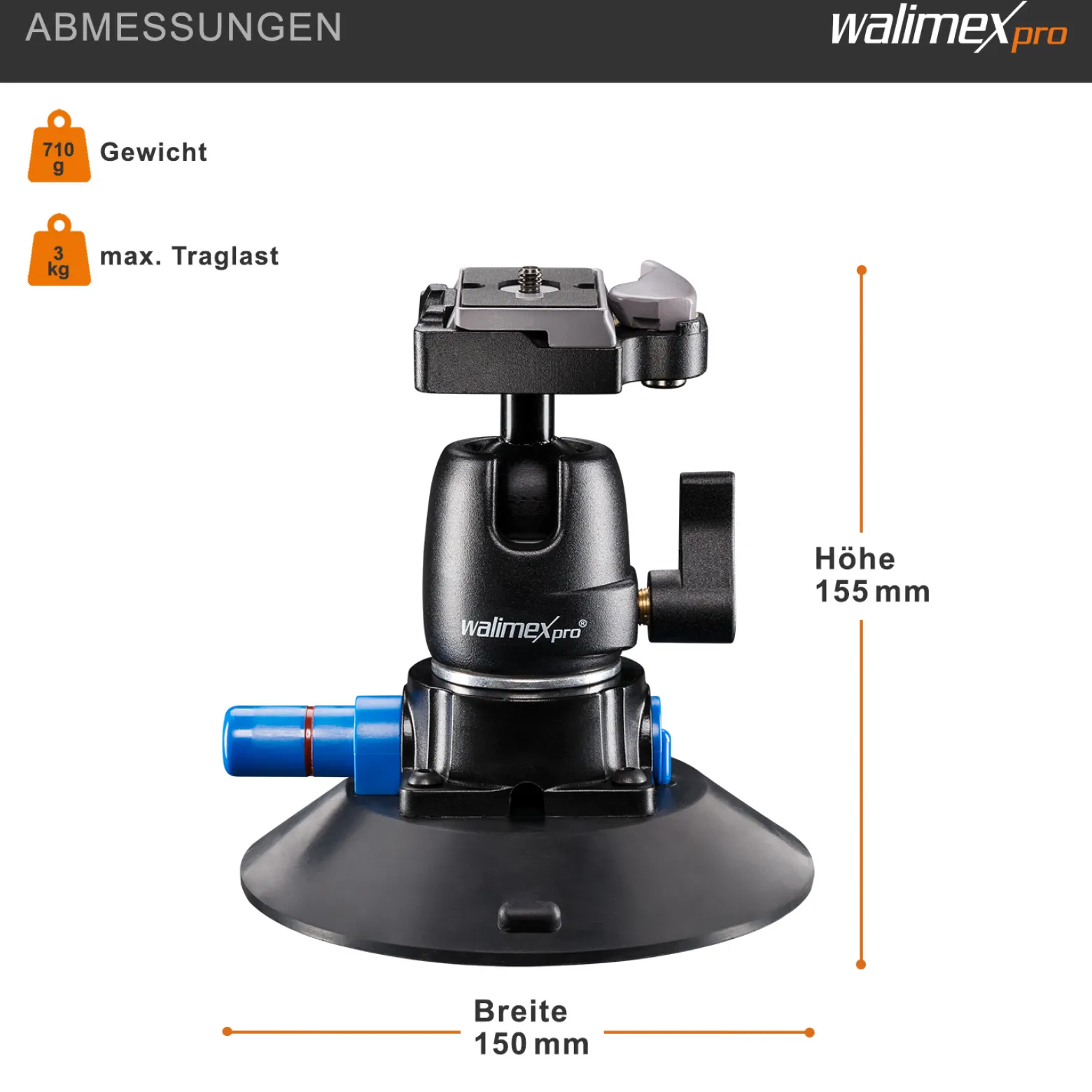 Walimex pro Saugnapf-Stativ inkl. Kugelkopf mit Schnellwechselplatte, Saugnapfhalterung für System- und DSLR Kameras, Action Cam, praktische Kamerahalterung für Auto