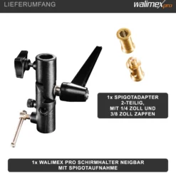 Walimex pro Schirmhalter neigbar mit Spigotaufnahme bis 3,5 kg belastbar, großer Blitzhalter für Durchlichtschirm und Reflexschirm, inkl. 1/4 und 3/8 Zoll Spigotadapter