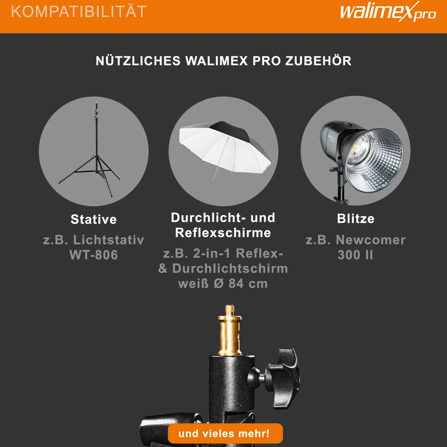 Walimex pro Schirmhalter neigbar mit Spigotaufnahme bis 3,5 kg belastbar, großer Blitzhalter für Durchlichtschirm und Reflexschirm, inkl. 1/4 und 3/8 Zoll Spigotadapter