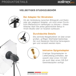 Walimex pro Schirmhalter neigbar mit Spigotaufnahme bis 3,5 kg belastbar, großer Blitzhalter für Durchlichtschirm und Reflexschirm, inkl. 1/4 und 3/8 Zoll Spigotadapter