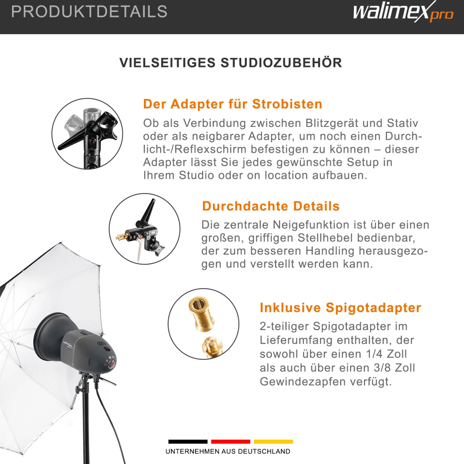 Walimex pro Schirmhalter neigbar mit Spigotaufnahme bis 3,5 kg belastbar, großer Blitzhalter für Durchlichtschirm und Reflexschirm, inkl. 1/4 und 3/8 Zoll Spigotadapter