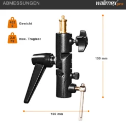 Walimex pro Schirmhalter neigbar mit Spigotaufnahme bis 3,5 kg belastbar, großer Blitzhalter für Durchlichtschirm und Reflexschirm, inkl. 1/4 und 3/8 Zoll Spigotadapter