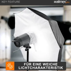 Walimex pro Schirmsoftbox Reflektor Ø 109 cm, Softbox mit silberfarbener Reflexschicht ideal für Porträt- und Produktfotografie, Lichtformer für Studioblitz