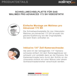 Walimex pro Schnellwechselplatte für Advanced 173 SH Videostativ – Ersatz Schnellwechsel Kameraplatte, Aluminium, Gummierung, 100x40x10 mm, 1/4 Zoll Kamera Anschlussschraube
