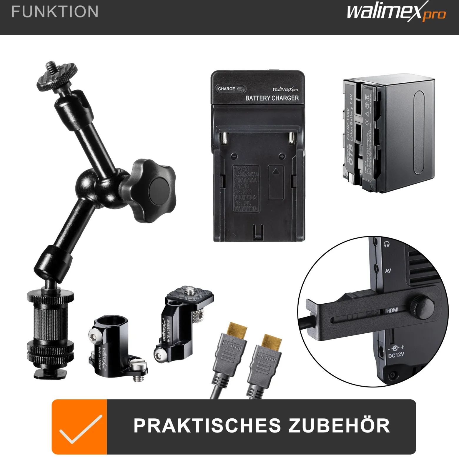 Walimex pro Set Full HD Monitor Director III - 7 Zoll / 17 x 176 x 130 mm - Akku / 1/4" - mit HDMI und AV Eingang, IPS-Panel, Peaking Zebra Histogramm, Gelenkarm Swivel Arm 18 und Verdrehschutz