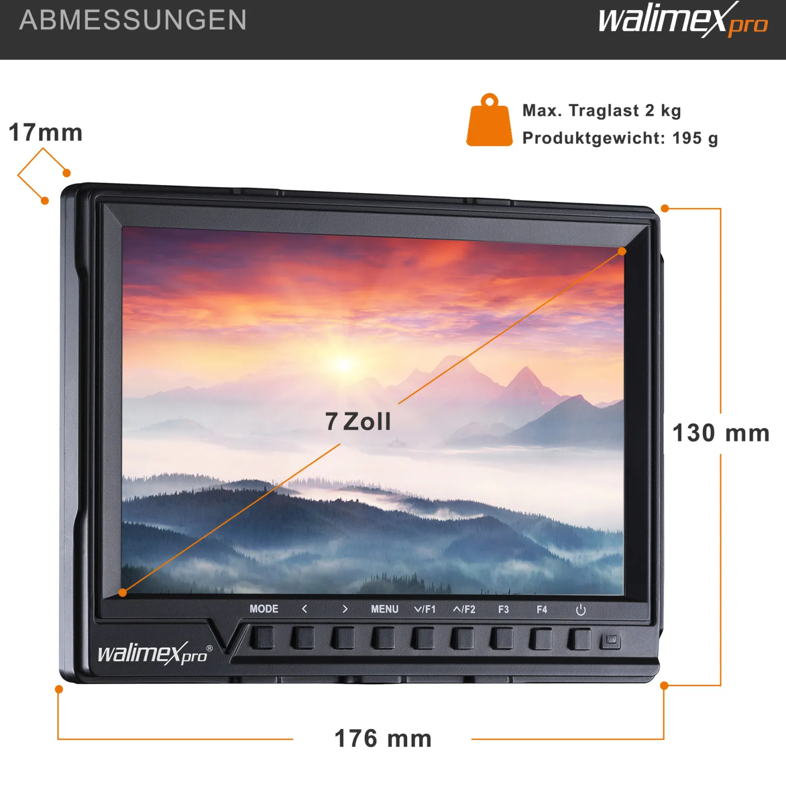 Walimex pro Set Full HD Monitor Director III - 7 Zoll / 17 x 176 x 130 mm - Akku / 1/4" - mit HDMI und AV Eingang, IPS-Panel, Peaking Zebra Histogramm, Gelenkarm Swivel Arm 18 und Verdrehschutz