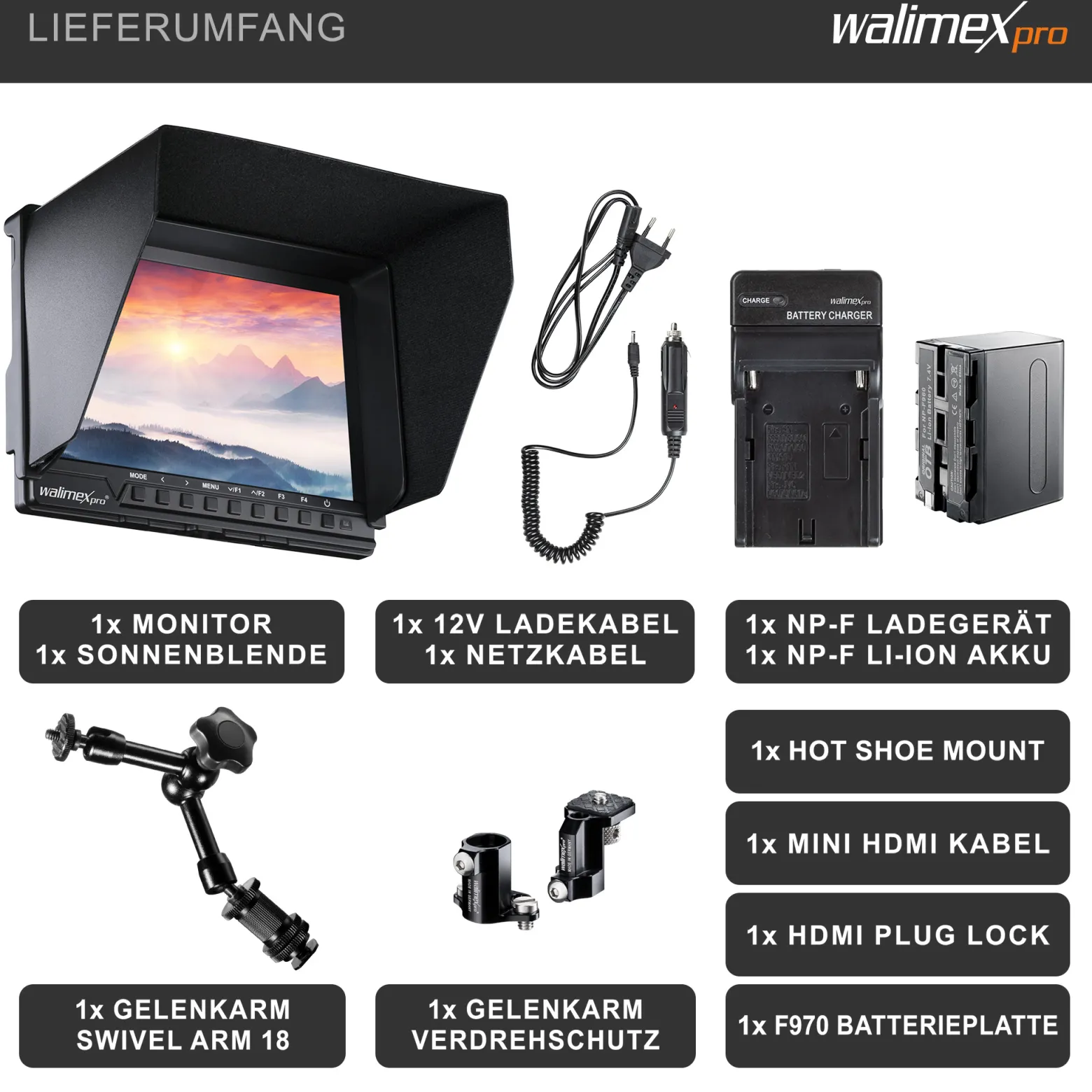 Walimex pro Set Full HD Monitor Director III - 7 Zoll / 17 x 176 x 130 mm - Akku / 1/4" - mit HDMI und AV Eingang, IPS-Panel, Peaking Zebra Histogramm, Gelenkarm Swivel Arm 18 und Verdrehschutz