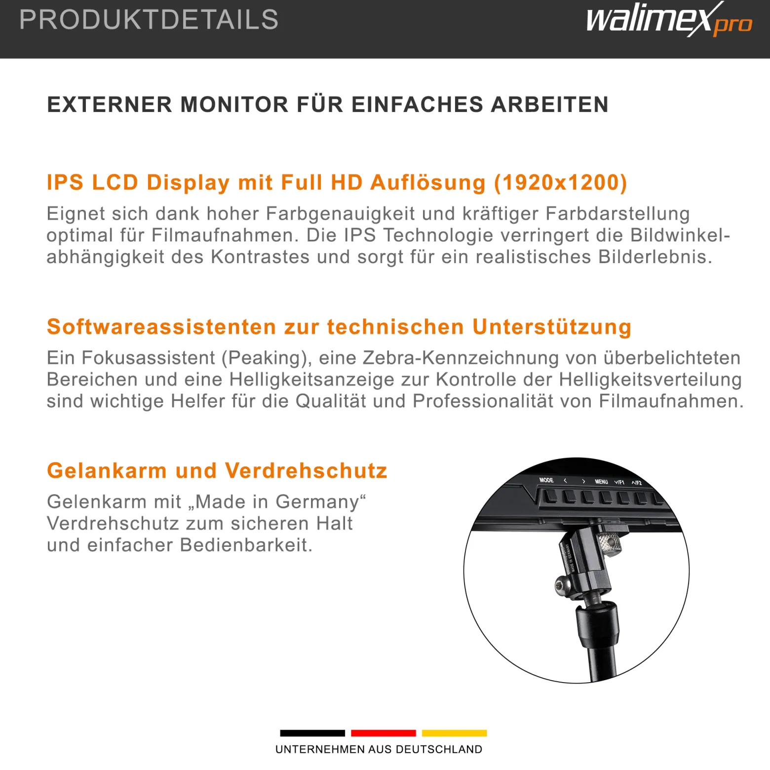 Walimex pro Set Full HD Monitor Director III - 7 Zoll / 17 x 176 x 130 mm - Akku / 1/4" - mit HDMI und AV Eingang, IPS-Panel, Peaking Zebra Histogramm, Gelenkarm Swivel Arm 18 und Verdrehschutz