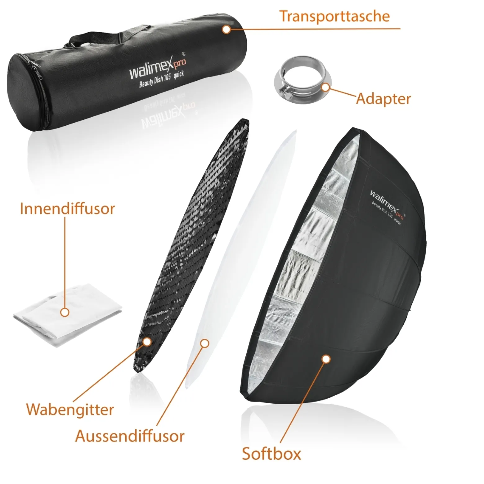 Walimex pro SL Beauty Dish Softbox QA105 Ø 105 cm kompatibel mit Profoto, Lichtformer mit Grid und Diffusoren, Reflektor für Fotografie