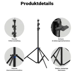 Walimex pro SmartLift Lampenstativ SL-300 Lichtstativ höhenverstellbar bis 3 m mit 7,5 kg Tragkraft, Aluminium Studiostativ mit Luftfederung