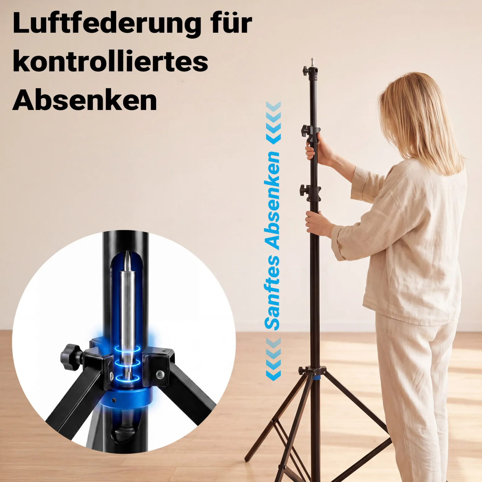 Walimex pro SmartLift Lampenstativ SL-300 Lichtstativ höhenverstellbar bis 3 m mit 7,5 kg Tragkraft, Aluminium Studiostativ mit Luftfederung