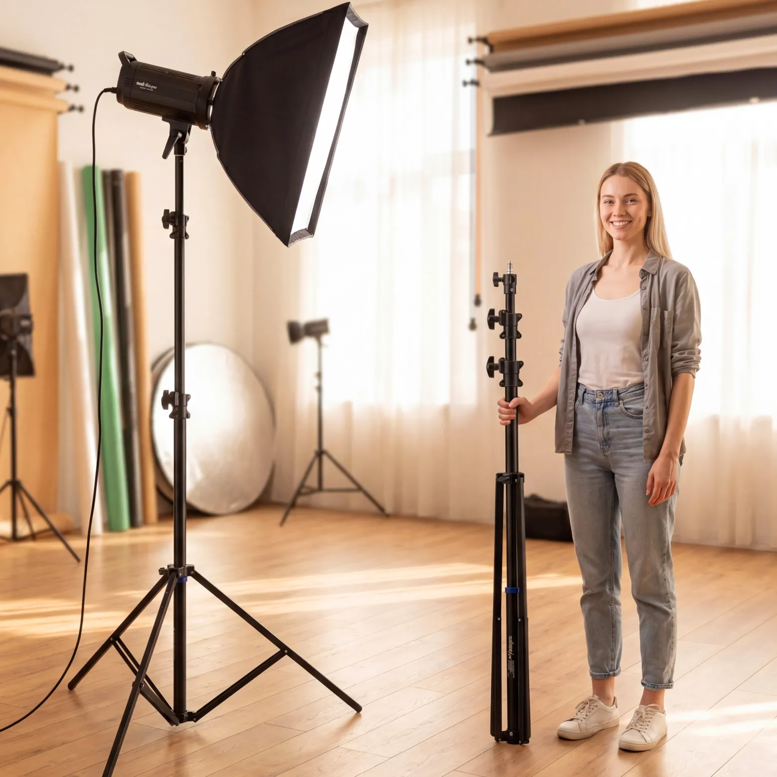 Walimex pro SmartLift Lampenstativ SL-300 Lichtstativ höhenverstellbar bis 3 m mit 7,5 kg Tragkraft, Aluminium Studiostativ mit Luftfederung