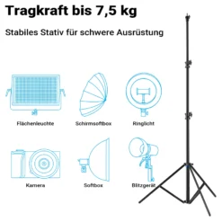 Walimex pro SmartLift Lampenstativ SL-300 Lichtstativ höhenverstellbar bis 3 m mit 7,5 kg Tragkraft, Aluminium Studiostativ mit Luftfederung