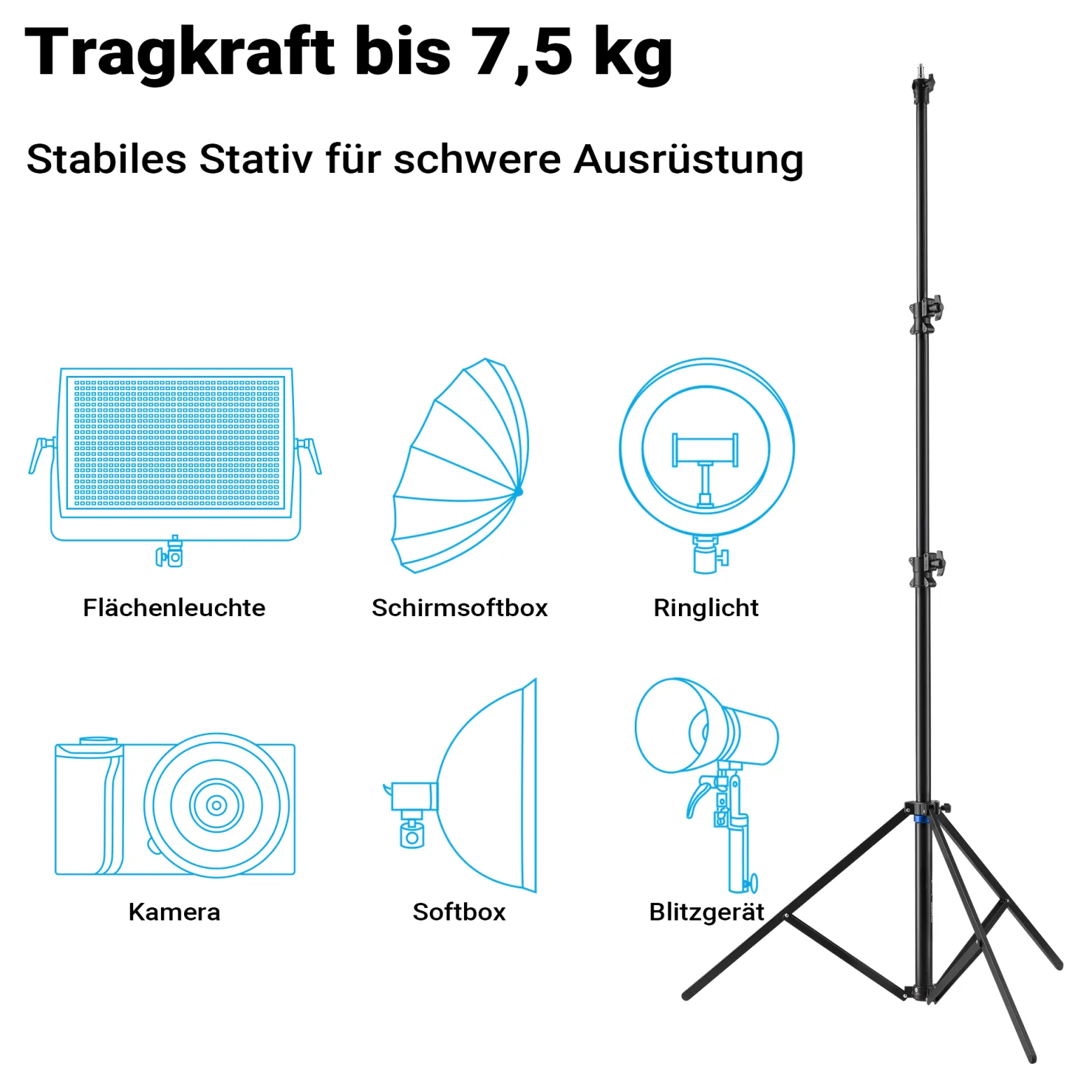 Walimex pro SmartLift Lampenstativ SL-300 Lichtstativ höhenverstellbar bis 3 m mit 7,5 kg Tragkraft, Aluminium Studiostativ mit Luftfederung