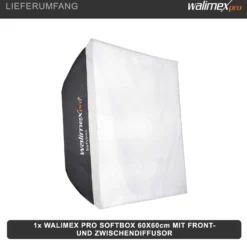 Walimex pro Softbox II 60 x 60 cm - schneller Aufbau, 360° drehbar, inkl. Diffusoren & Transporttasche, ideal für Produkt-, Beauty- & Peoplefotografie