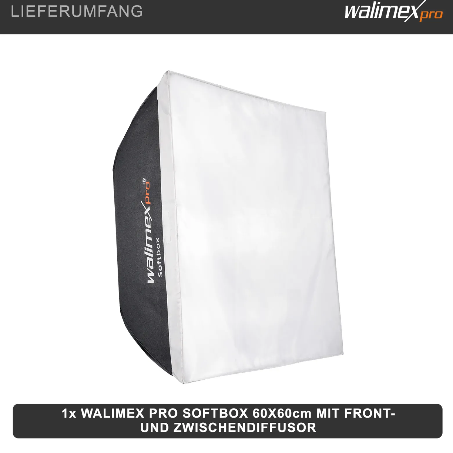 Walimex pro Softbox II 60 x 60 cm - schneller Aufbau, 360° drehbar, inkl. Diffusoren & Transporttasche, ideal für Produkt-, Beauty- & Peoplefotografie