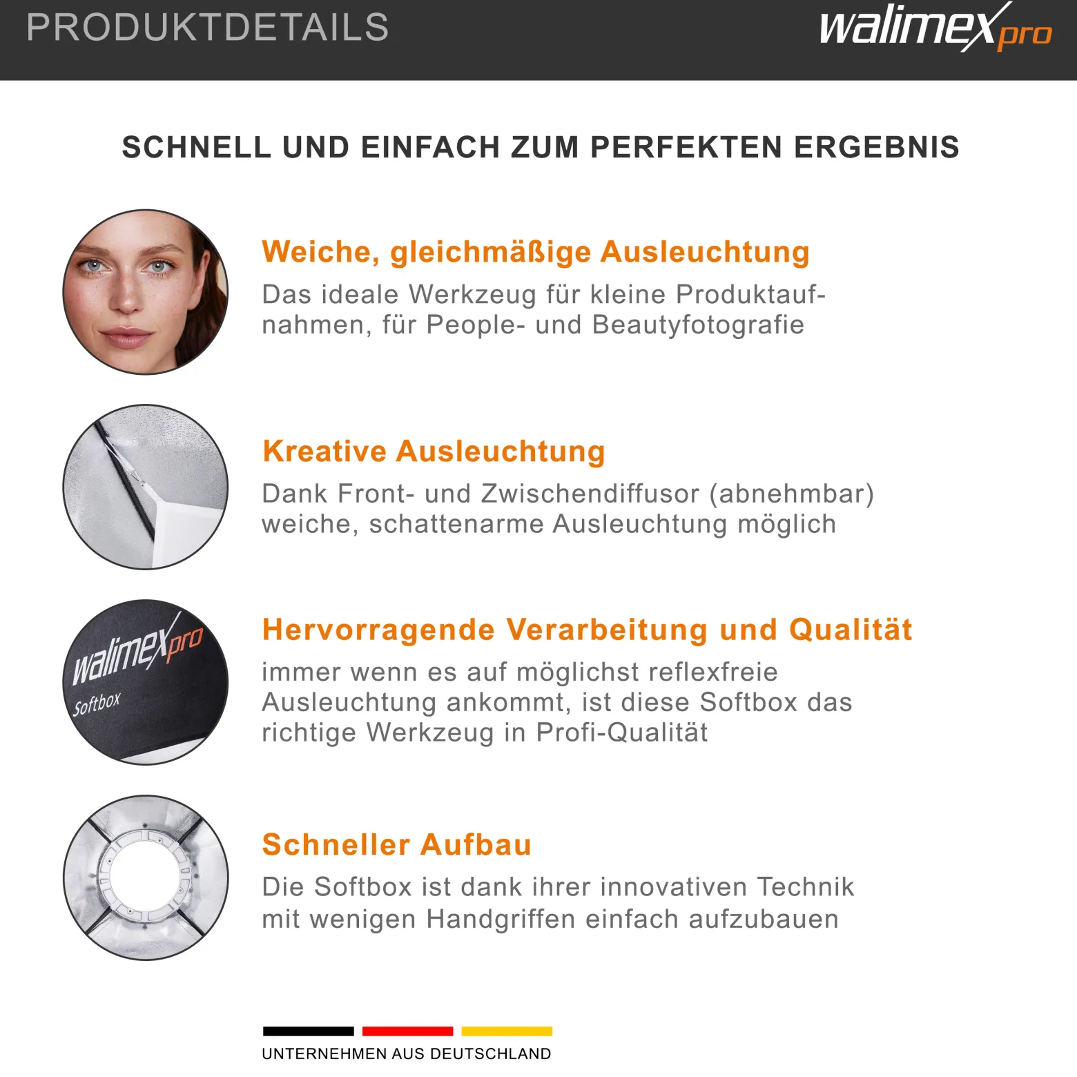 Walimex pro Softbox II 60 x 60 cm - schneller Aufbau, 360° drehbar, inkl. Diffusoren & Transporttasche, ideal für Produkt-, Beauty- & Peoplefotografie