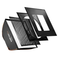 Walimex pro Softbox PLUS Orange Line 60 x 60 cm - schneller Aufbau, 360° drehbar, inkl. Diffusoren, Grid, Maske, Tasche, ideal für Produkt-, Beauty- & Peoplefotografie