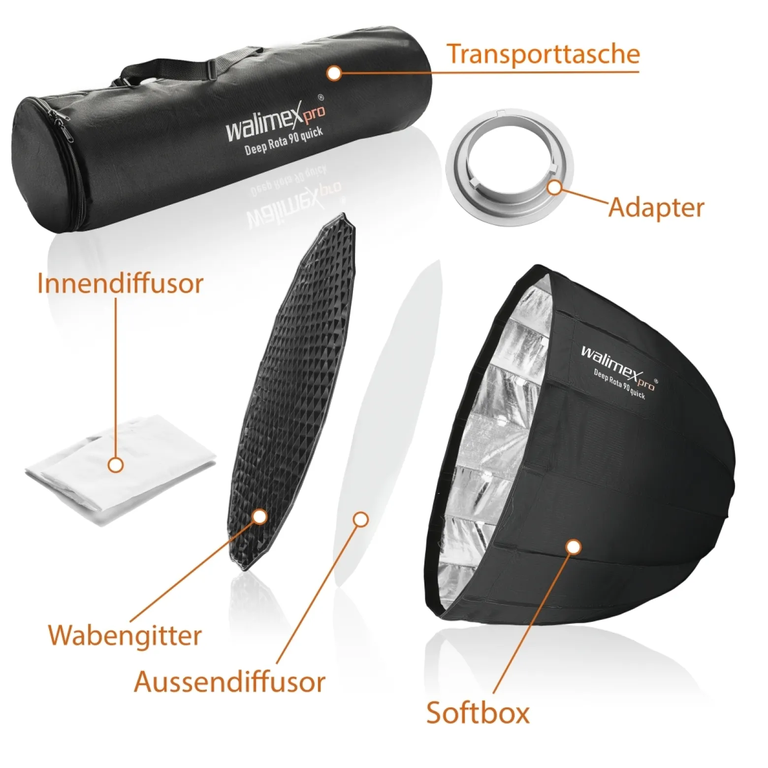 Walimex pro Softbox Studio Line Deep Rota QA90 - 700 x 900 x 900 mm - mit Quick Assemble System, Grid, Diffusoren und Tasche - inkl. Adapters für Aurora/Bowens