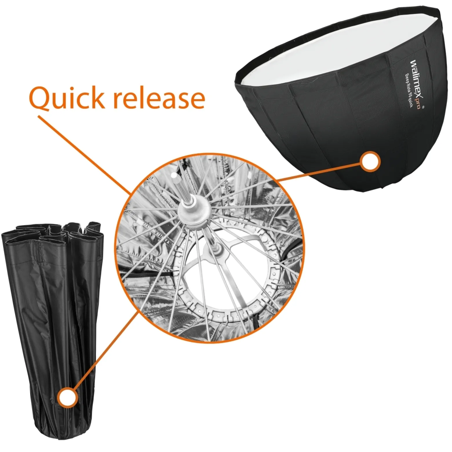 Walimex pro Softbox Studio Line Deep Rota QA90 - 700 x 900 x 900 mm - mit Quick Assemble System, Grid, Diffusoren und Tasche - inkl. Adapters für Aurora/Bowens