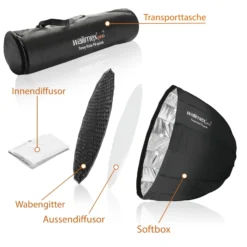 Walimex pro Softbox Studio Line Deep Rota QA90 - 700 x 900 x 900 mm - mit Quick Assemble System, Grid, Diffusoren, Tasche, Speedring für Aufsteckblitz Systemblitz Studioblitz