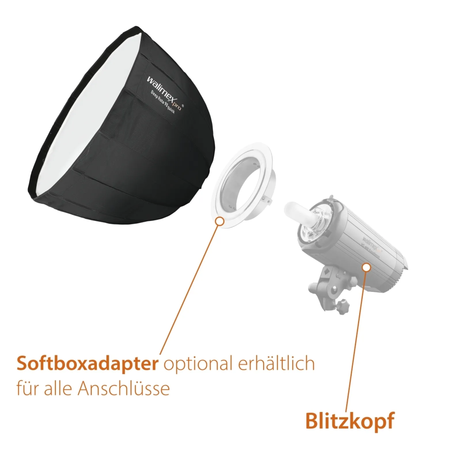 Walimex pro Softbox Studio Line Deep Rota QA90 - 700 x 900 x 900 mm - mit Quick Assemble System, Grid, Diffusoren und Tasche - inkl. Adapters für Elinchrom