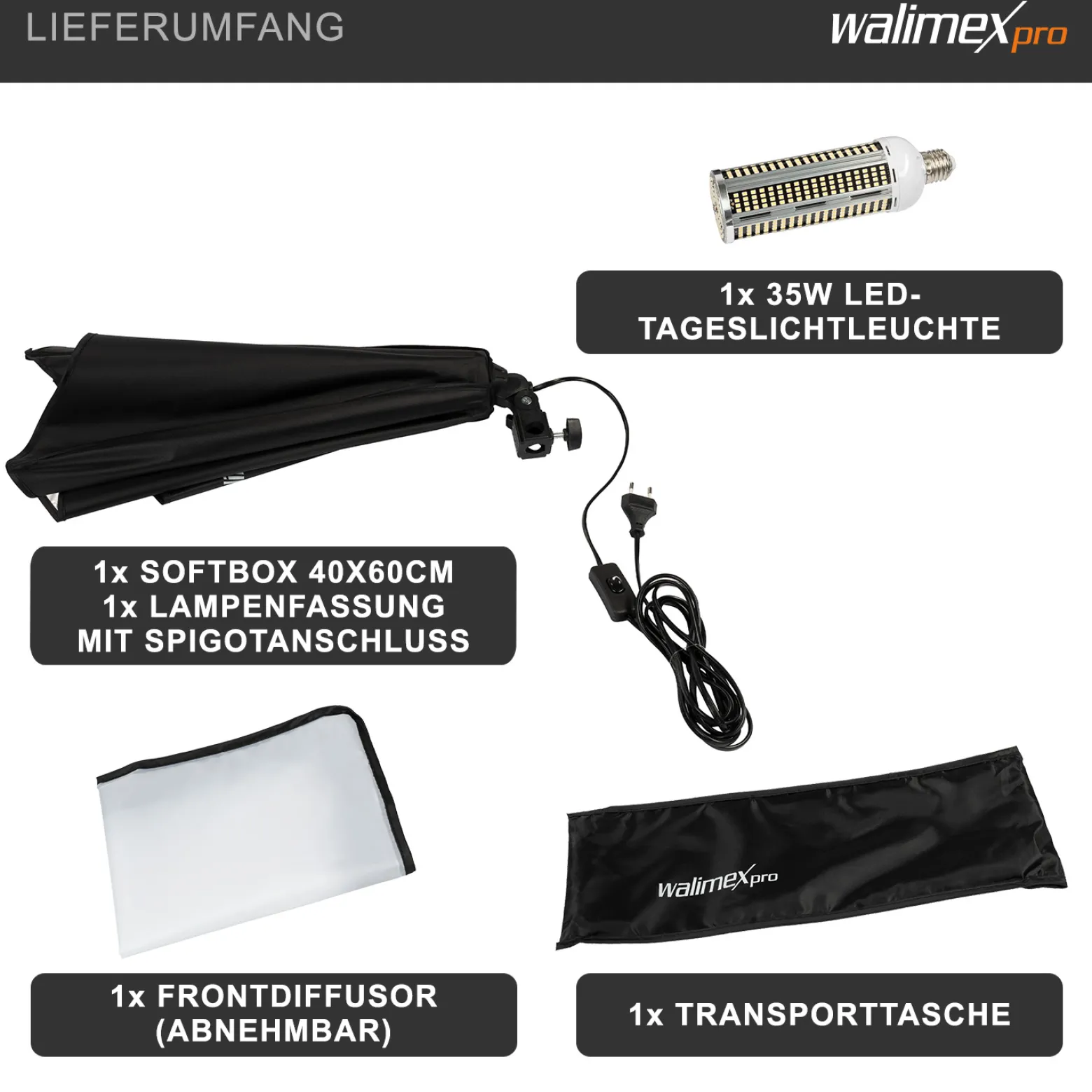 Walimex pro Softbox 40 x 60 cm mit 35 W Daylight LED, Studioleuchte 5000 K Tageslicht, Soft Box neigbar um ca. 135°, inkl. Diffusor ideal für Fotostudio