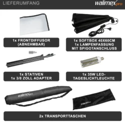 Walimex Pro Softbox 40 x 60 cm mit 35 W LED Set inkl. FT-8051 Lampenstativ bis 260 cm Höhe, Studioleuchte 5000 K Tageslicht plus Lichtstativ mit Federdämpfung
