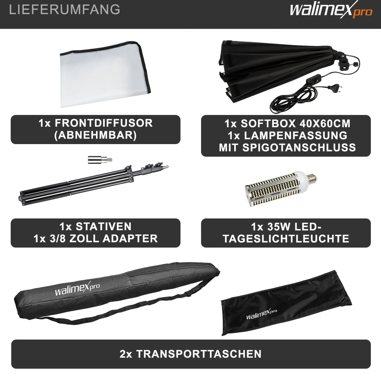 Walimex Pro Softbox 40 x 60 cm mit 35 W LED Set inkl. FT-8051 Lampenstativ bis 260 cm Höhe, Studioleuchte 5000 K Tageslicht plus Lichtstativ mit Federdämpfung