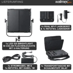 Walimex pro Soft LED Brightlight 520 Bi-Color Flächenleuchte, 40 W Videoleuchte mit Farbtemperatur 3200-5600 K, Studioleuchte mit LCD-Display, Flächenlicht Akku Anschlüssen