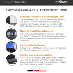 Walimex pro Soft LED Brightlight 520 Bi-Color Flächenleuchte, 40 W Videoleuchte mit Farbtemperatur 3200-5600 K, Studioleuchte mit LCD-Display, Flächenlicht Akku Anschlüssen