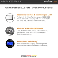 Walimex pro Soft LED Brightlight 2400 Bi-Color Flächenleuchte, 200 W Videoleuchte mit 4 Lichtkappen, Studioleuchte mit LCD-Display, Flächenlicht mit DMX und V-Mount Akku Anschlüssen