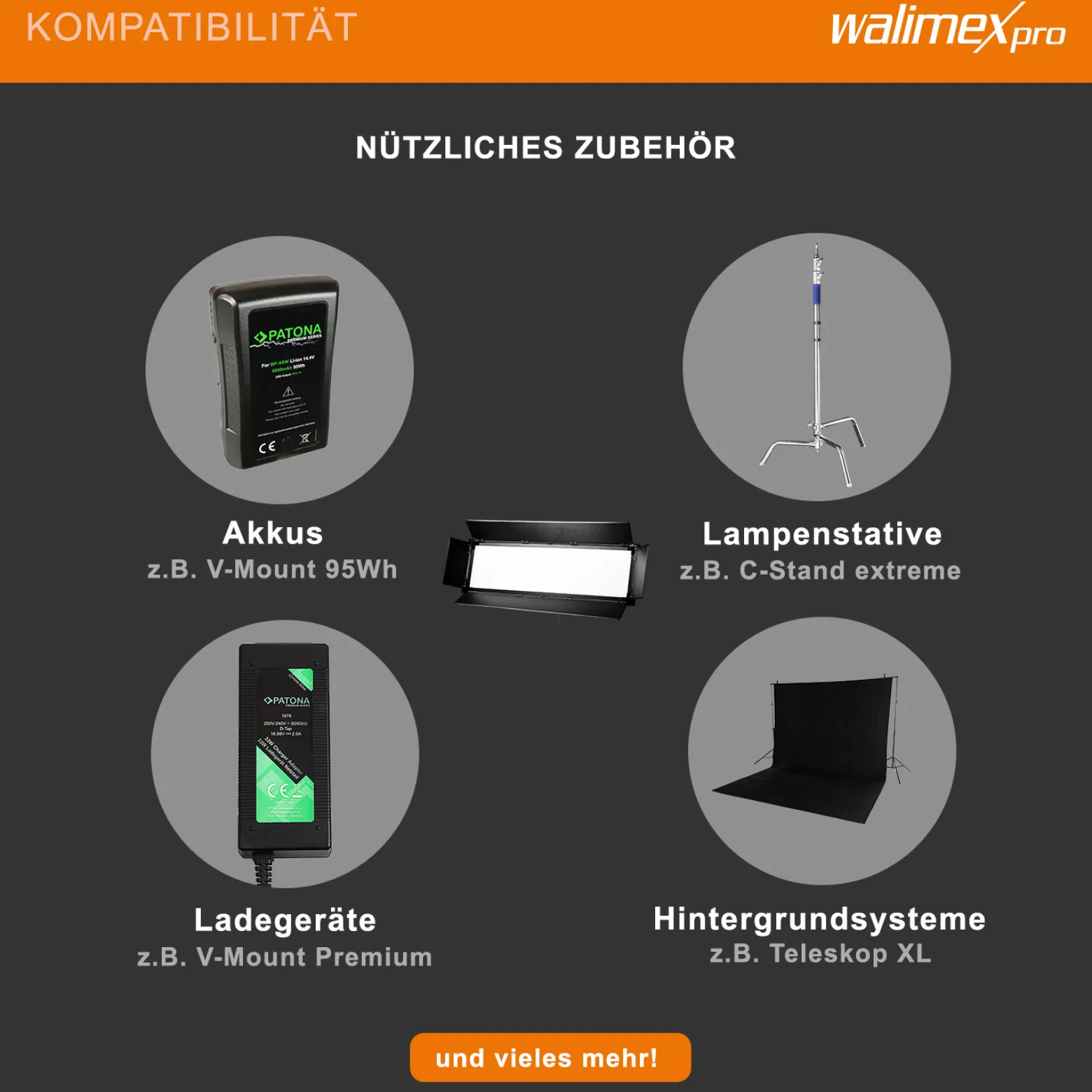 Walimex pro Soft LED Brightlight 2400 Bi-Color Flächenleuchte, 200 W Videoleuchte mit 4 Lichtkappen, Studioleuchte mit LCD-Display, Flächenlicht mit DMX und V-Mount Akku Anschlüssen