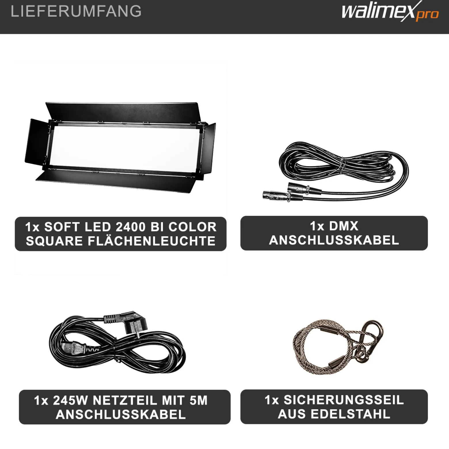 Walimex pro Soft LED Brightlight 2400 Bi-Color Flächenleuchte, 200 W Videoleuchte mit 4 Lichtkappen, Studioleuchte mit LCD-Display, Flächenlicht mit DMX und V-Mount Akku Anschlüssen