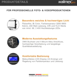 Walimex pro Soft LED Brightlight 1400 Bi-Color Flächenleuchte Square, 100 W Videoleuchte mit Lichtkappen, Studioleuchte mit LCD-Display, Flächenlicht mit DMX und V-Mount Akku Anschlüssen