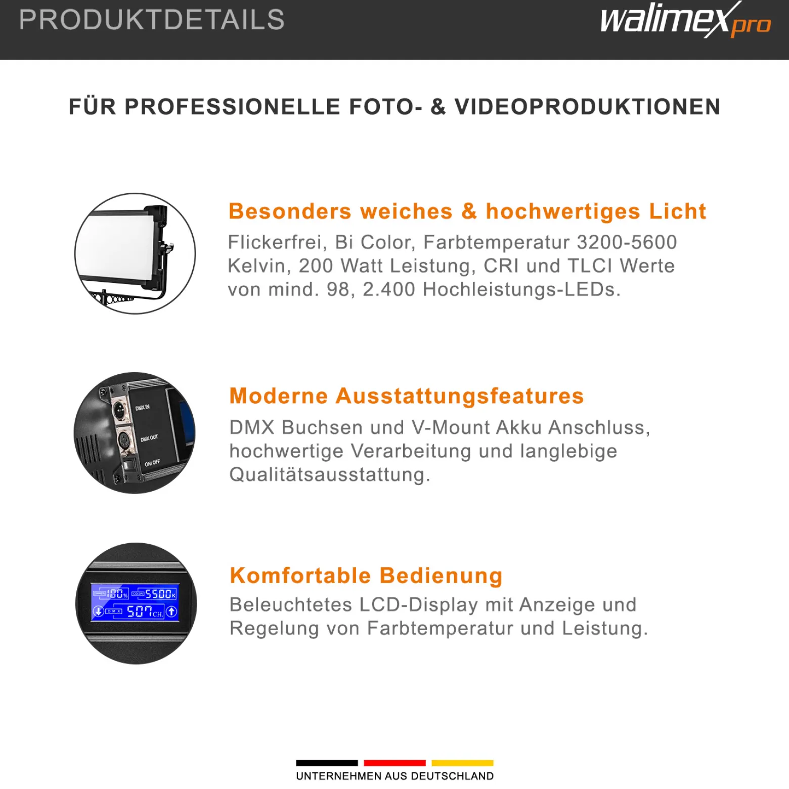 Walimex pro Soft LED Brightlight 1400 Bi-Color Flächenleuchte Square, 100 W Videoleuchte mit Lichtkappen, Studioleuchte mit LCD-Display, Flächenlicht mit DMX und V-Mount Akku Anschlüssen