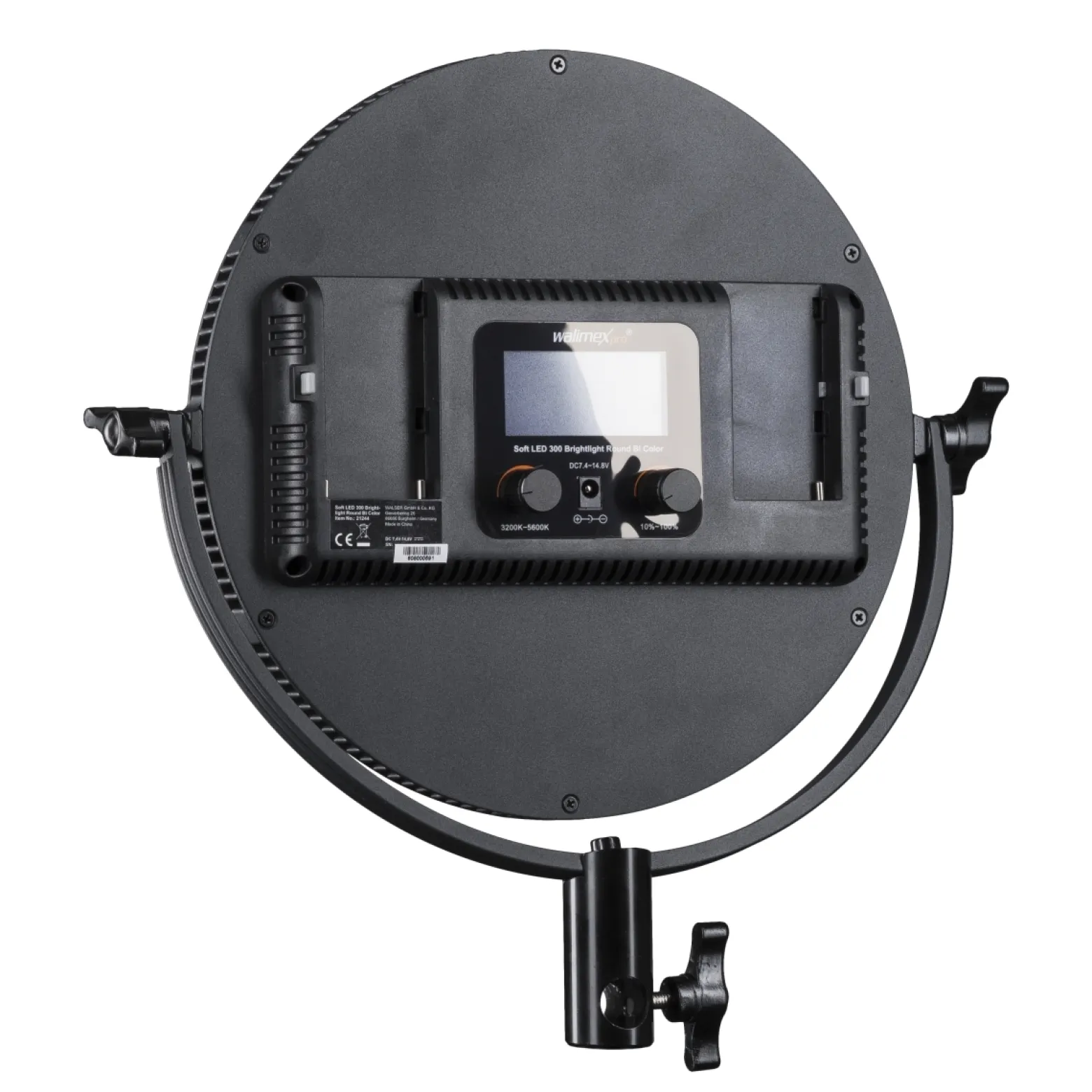Walimex pro Soft LED 300 Round Bi-Color Flächenleuchte, leistungsstarke Videoleuchte 30 W, runde Studioleuchte mit U-Halterung, LED Leuchte mit Farbtemperatur 3200-5600 K