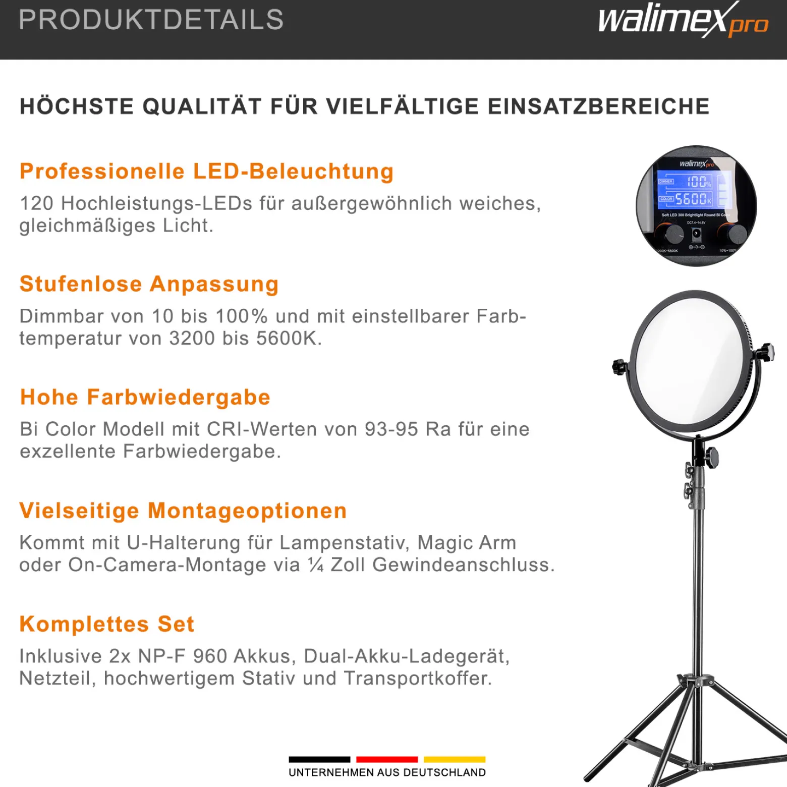 Walimex pro Soft LED 300 Round Bi Color Set – Professionelle LED Foto- und Videoleuchte, 30W, stufenlose Dimmung, 3200-5600K Farbtemperatur, 120 LED, 2x NP-F 960 Akkus, Stativ, U-Halterung & Koffer
