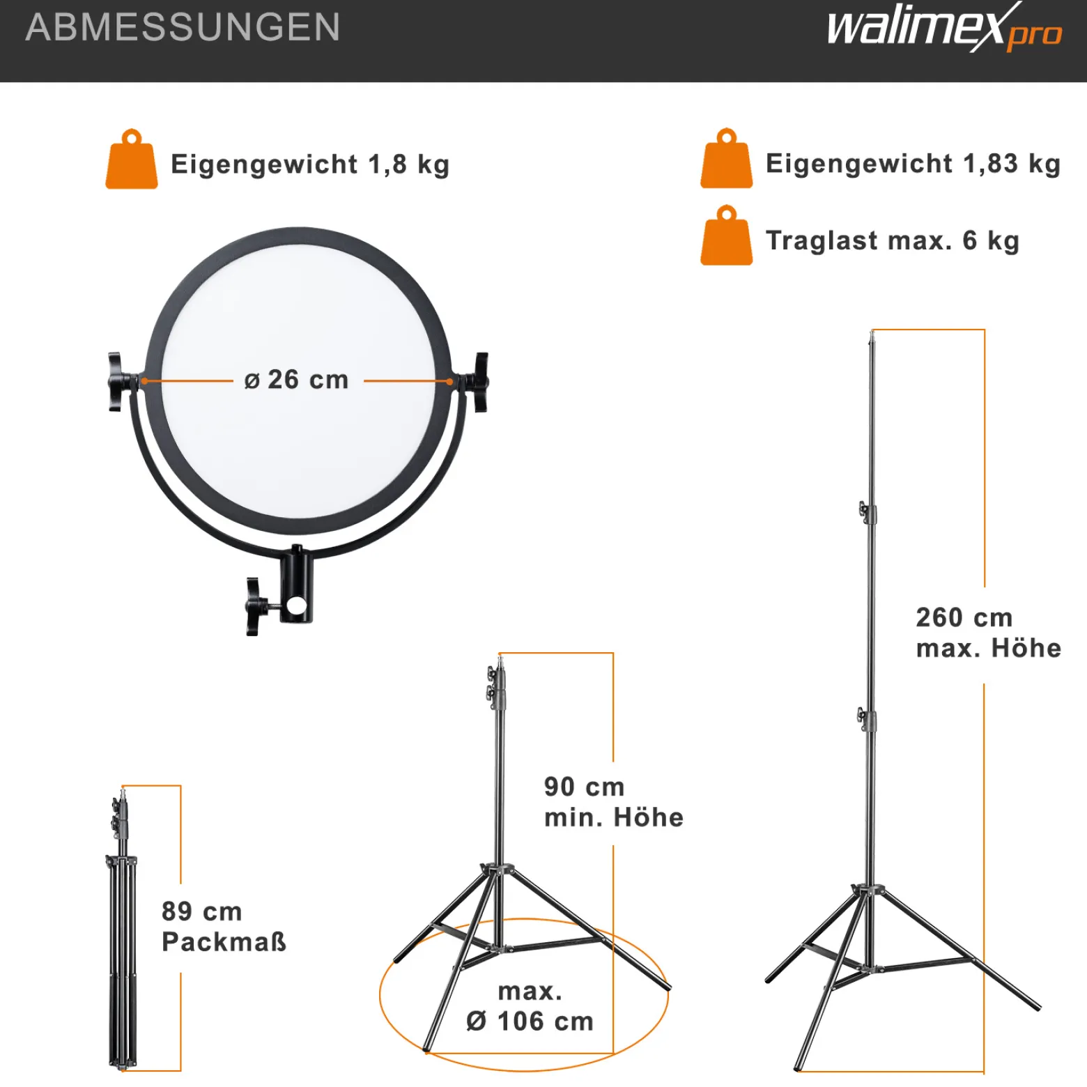 Walimex pro Soft LED 300 Round Bi Color Set – Professionelle LED Foto- und Videoleuchte, 30W, stufenlose Dimmung, 3200-5600K Farbtemperatur, 120 LED, 2x NP-F 960 Akkus, Stativ, U-Halterung & Koffer