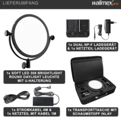 Walimex pro Soft LED 300 Round Daylight Flächenleuchte, leistungsstarke Videoleuchte 30 W, runde Studioleuchte mit U-Halterung, LED Leuchte mit Farbtemperatur 5600 K