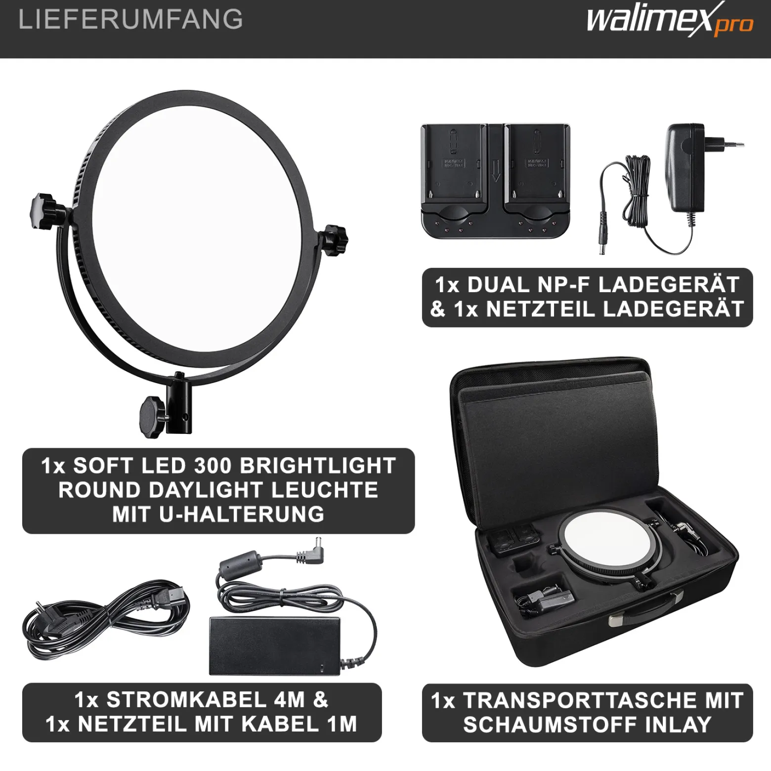 Walimex pro Soft LED 300 Round Daylight Flächenleuchte, leistungsstarke Videoleuchte 30 W, runde Studioleuchte mit U-Halterung, LED Leuchte mit Farbtemperatur 5600 K