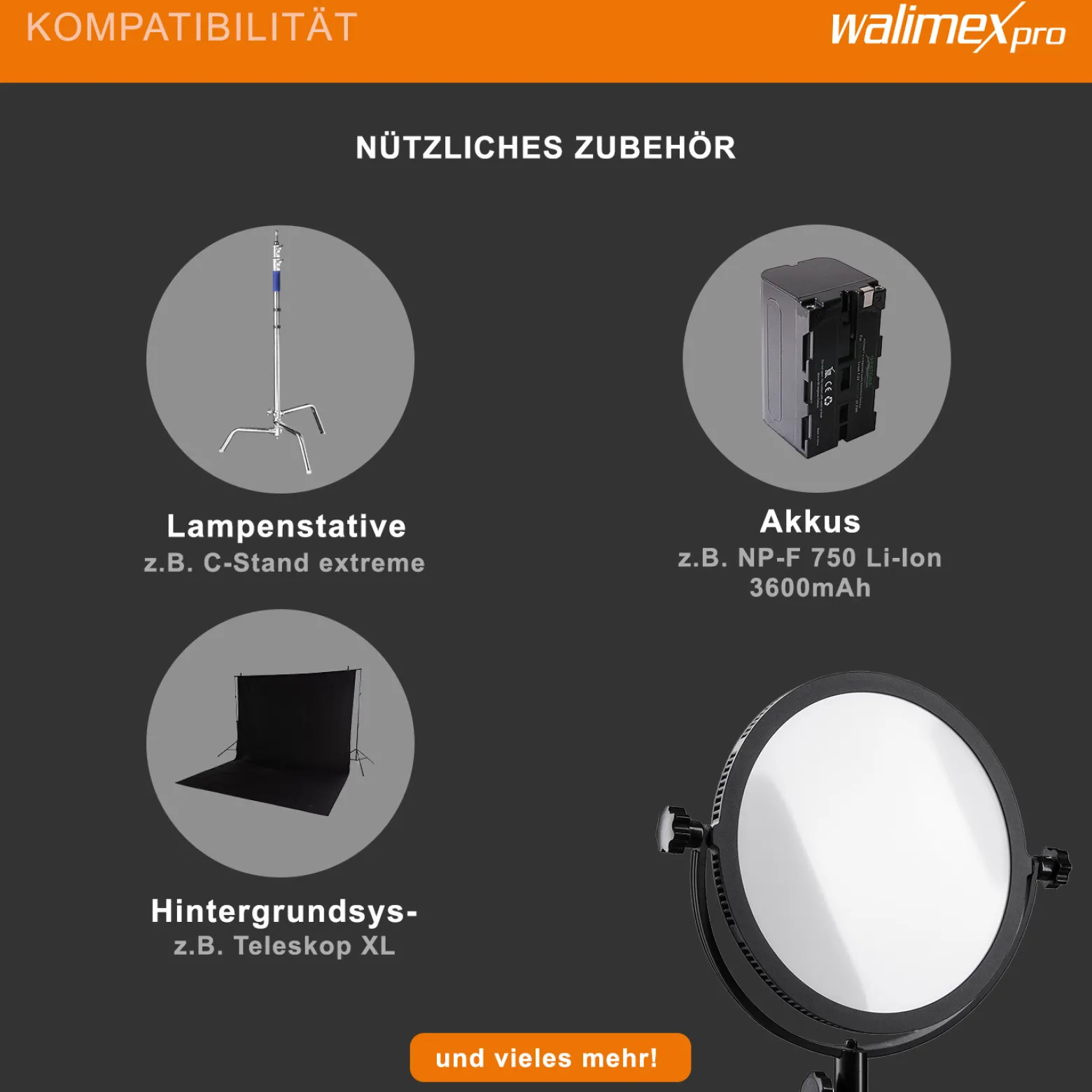 Walimex pro Soft LED 300 Round Daylight Flächenleuchte, leistungsstarke Videoleuchte 30 W, runde Studioleuchte mit U-Halterung, LED Leuchte mit Farbtemperatur 5600 K