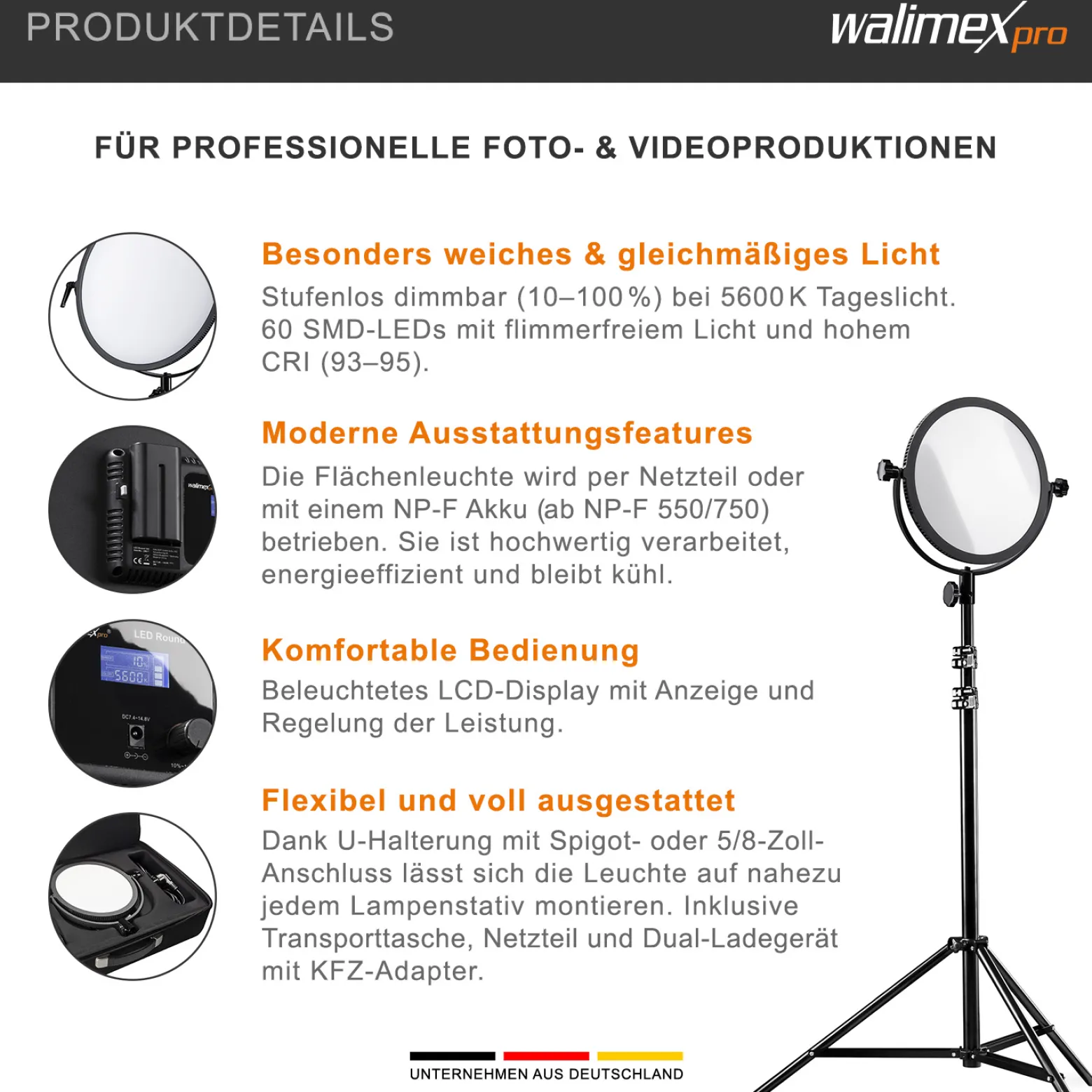 Walimex pro Soft LED 300 Round Daylight Flächenleuchte, leistungsstarke Videoleuchte 30 W, runde Studioleuchte mit U-Halterung, LED Leuchte mit Farbtemperatur 5600 K