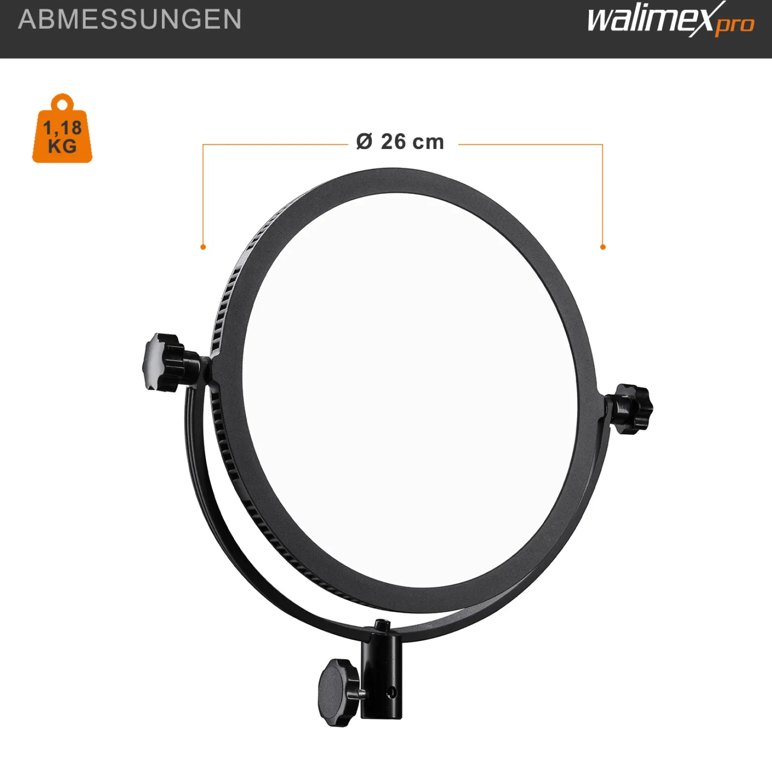 Walimex pro Soft LED 300 Round Daylight Flächenleuchte, leistungsstarke Videoleuchte 30 W, runde Studioleuchte mit U-Halterung, LED Leuchte mit Farbtemperatur 5600 K